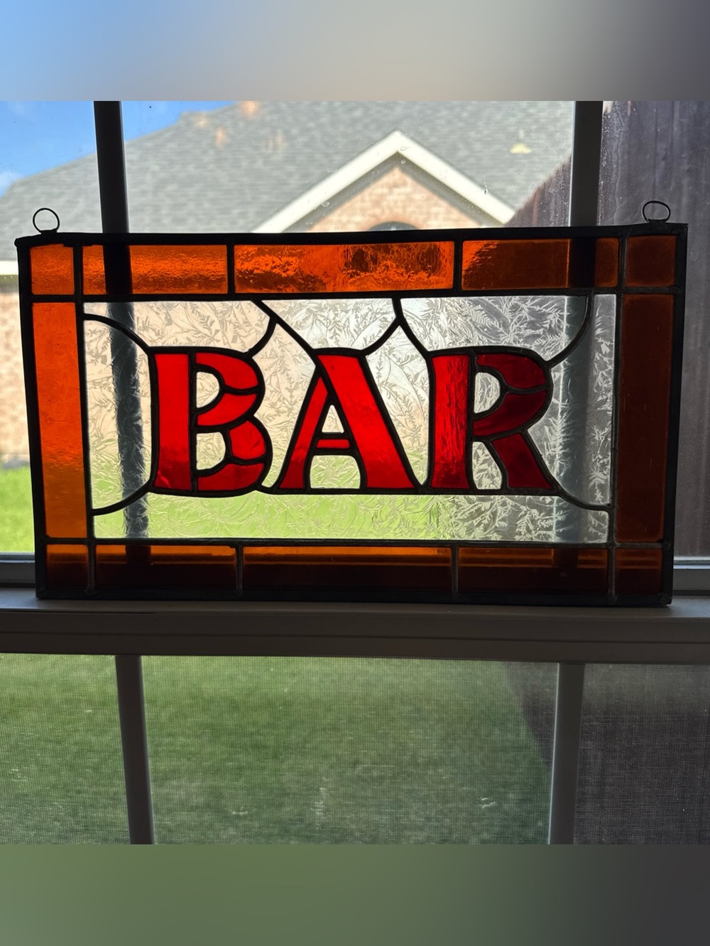 Stained Glass 'BAR' Window Panel in Red and Amber